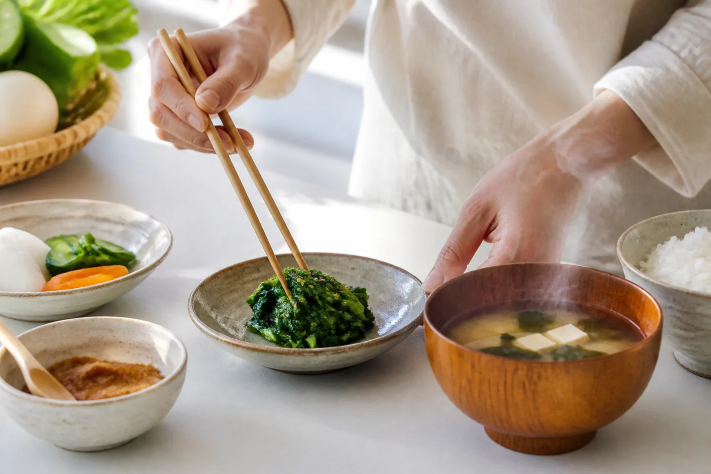 温かいみそ汁と季節の青菜を用意する朝の食卓
